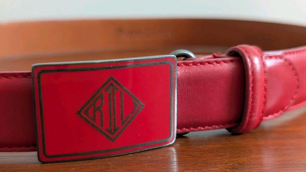 Vintage Ralph Lauren Red Leather Belt Womens S Enamel Buckle Logo Monogram Italy